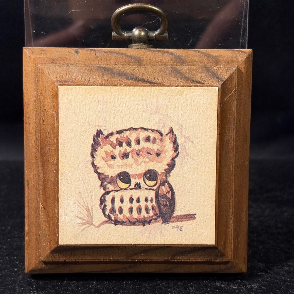 Vintage 1976 Owl Miniature Wood Block Wall Art Print Retro 70s Folk Art Decor